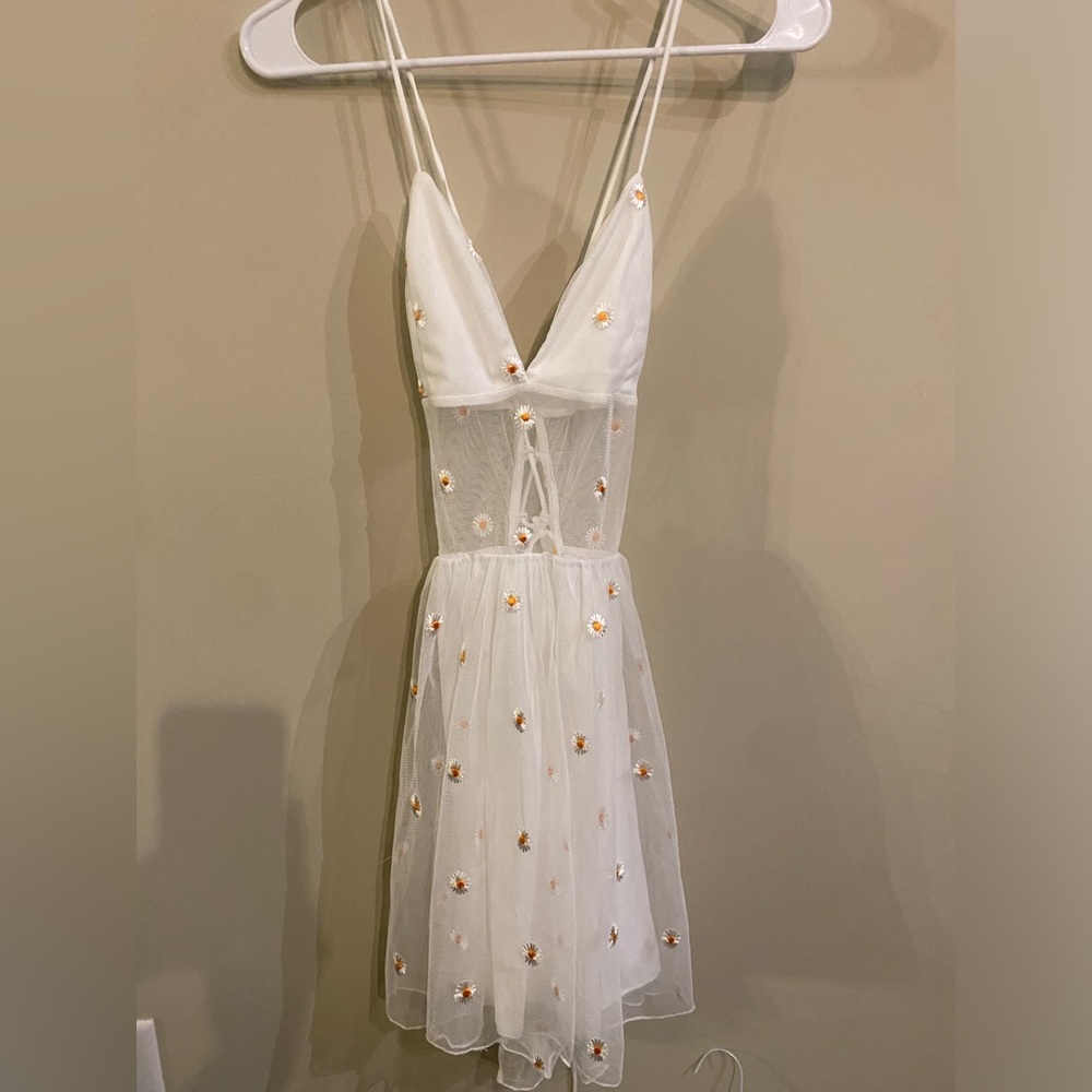 White Mini Dress with Embroidered Daisies